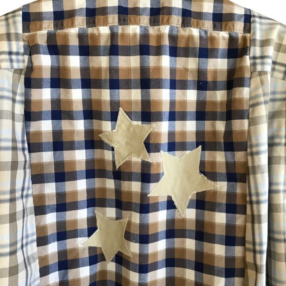 Upcycled Patchwork Plaid Shirt, Size M-L: Boho Mixed Print Top, Star Appliqué - Picture 5 of 11